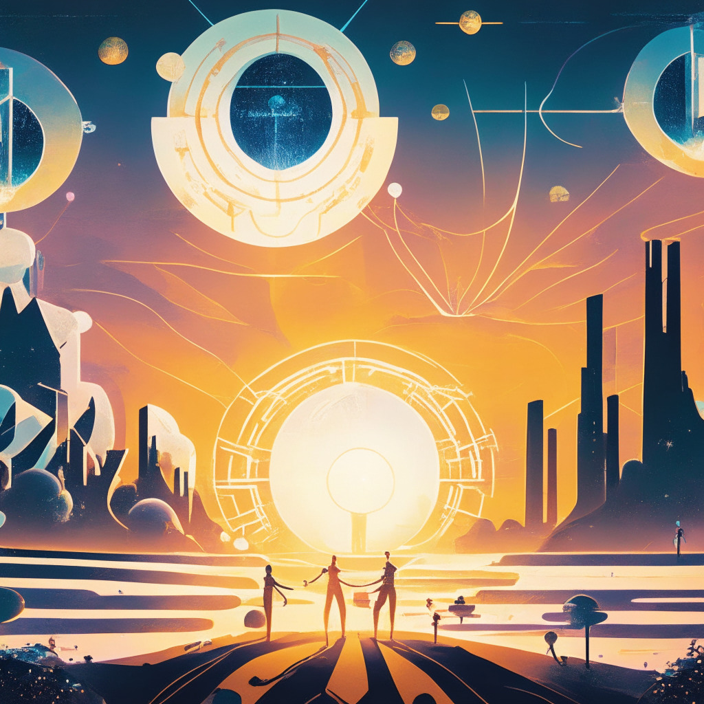 A digital world immersed in an ethereal sunrise represents economic optimism. Abstract figures symbolize fluctuating jobless numbers, while soaring virtual structures signify rising productivity. Shadows cast reveal muted crypto response. Bitcoin and Ether, shown as radiant celestial bodies, hover above the landscape. Foreground scene depicts traditional finance entering a digital realm. Atmosphere: intriguing, hopeful. Artistic style: surrealistic futurism.