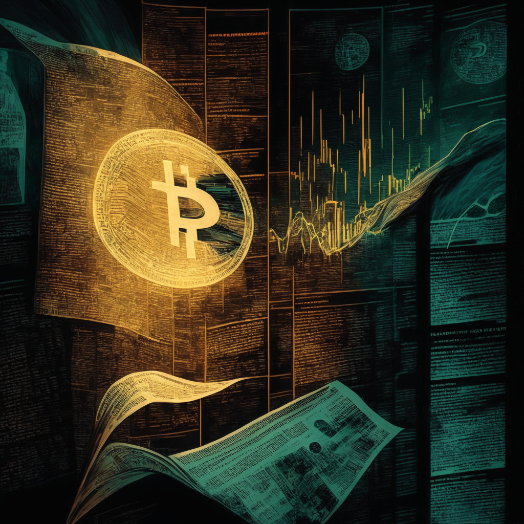 Cryptocurrency news navigation, a swirling mix of trust & uncertainty, twilight setting, chiaroscuro effect, juxtaposition of clear & obscured information, painting-like style, neutral tones, highlights of color on crucial data points, readers scrutinizing sources, air of anticipation, enigmatic mood.