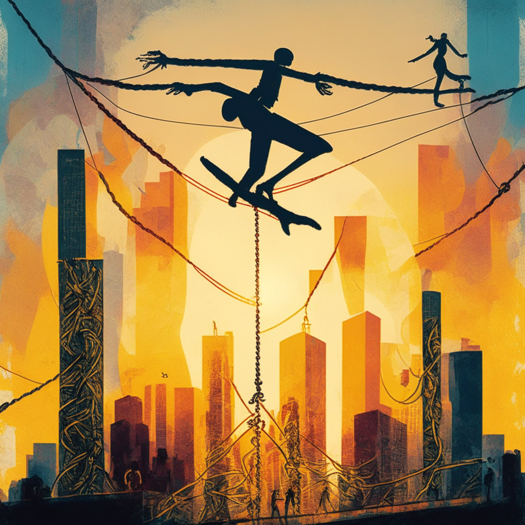Intricate tightrope scene with financial symbols, sunset displaying mixed emotions, impressionist style, confident tightrope walker representing balance, tightrope between two futuristic skyscrapers, embracing collaboration and community in background, a touch of legal symbols and papers, a sense of determination amidst uncertainty, diverse group of onlookers representing new users.
