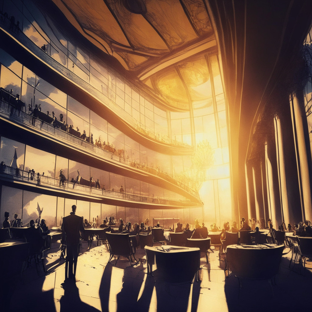 Sunlit European Parliament building, busy lawmakers discussing crypto regulations, subtle contrast of DeFi protocols, Howey Test document in foreground, elegant chiaroscuro style, calm yet urgent atmosphere, bridging gaps in token classification, staking, NFTs, sense of evolving regulation.