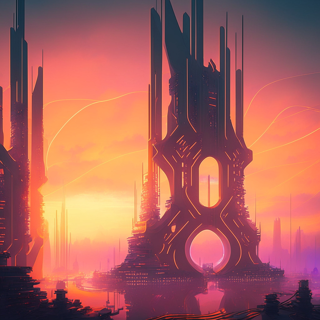 A futuristic metropolis bathed in radiant sunrise hues, reflecting the promising future of blockchain tech, symbolizing LayerZero. Heart of the scene, a dynamic sculpture, radiating lines like interconnected chains. Surroundings show elements of DeFi, gaming, NFTs, illustrating industry evolution. A looming mist symbolizes challenges, accenting the mood with gentle tension.