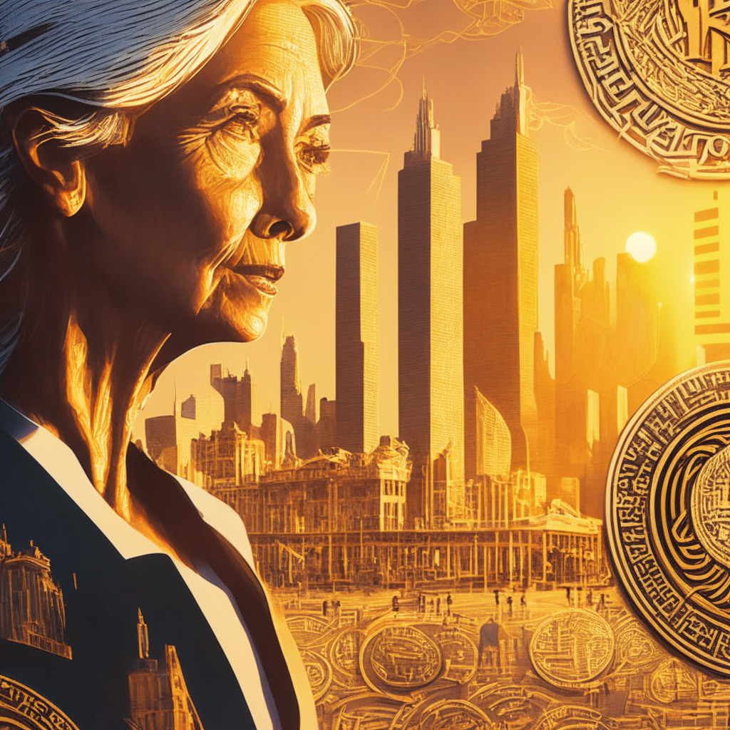 Intricate cityscape with stock market and crypto symbols, Christine Lagarde and Jerome Powell giving speeches, ECB Forum in the background, sun setting creating soft, golden light, impressionistic style, mood of expectation and focus, hints of volatility with swirling lines around financial elements; no brand logos.