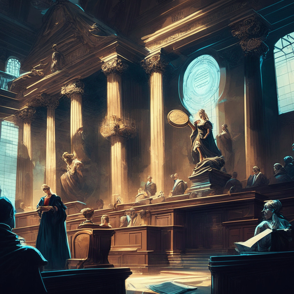 Intricate courtroom scene with contrasting light, Renaissance-style painting, lawyers debating amidst looming statues, mood of tension and uncertainty. Key elements: Safe Harbor Proposal document, crypto tokens like XRP and ETH subtly represented, balance scale symbolizing regulatory fairness.