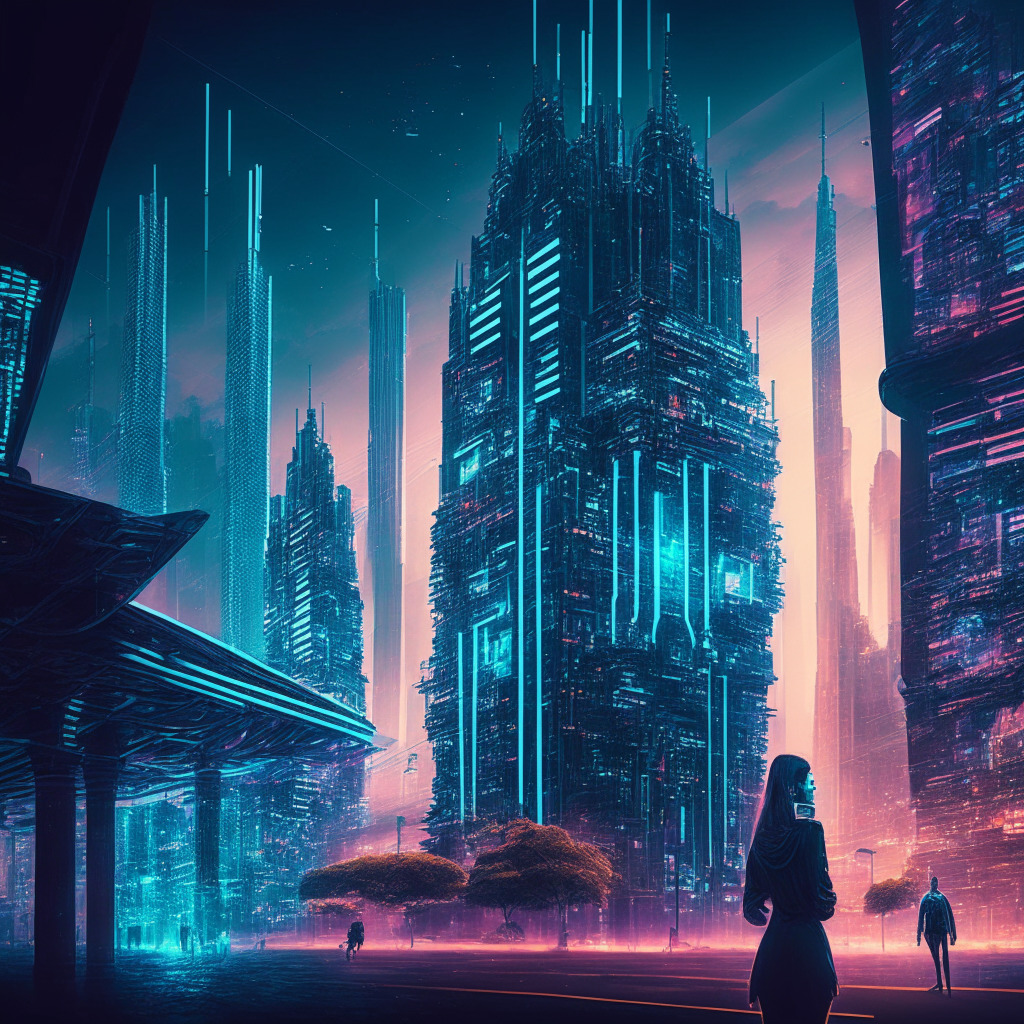 Intricate cityscape blending traditional and futuristic architecture, artistic chiaroscuro lighting, somber mood, high-contrast colors, adaptive holographic billboards displaying sustainable Web3 innovations, people interacting securely using advanced blockchain tech, economic stability in background.