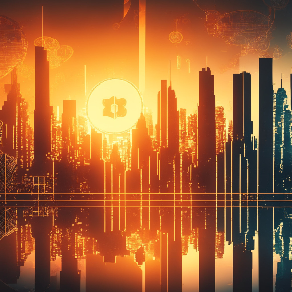 Intricate digital cityscape reflecting cryptocurrency market resilience, warm sunrise hues symbolizing new opportunities, silhouettes of key market players like Bitcoin, Ether, and other altcoins, simplified corporate structure diagrams, contrasting light and shadow showcasing regulatory challenges, a nuanced atmosphere capturing the essence of industry debate, optimism amid turmoil.
