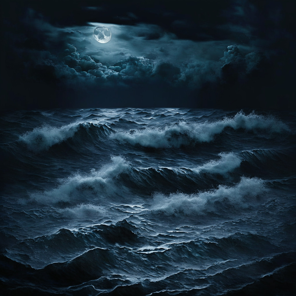A vast, turbulent sea representing the crypto market under stormy, dark skies. The moon, glowing faintly in the background, symbolizing Cardano's ADA, fluctuates between a peak and a trough mirrored in the dramatic waves. The overall palette is gloomy, in hues of grey and blue, reflecting the uncertain and volatile mood. Shadows and undertones hint at the lurking regulatory entities.
