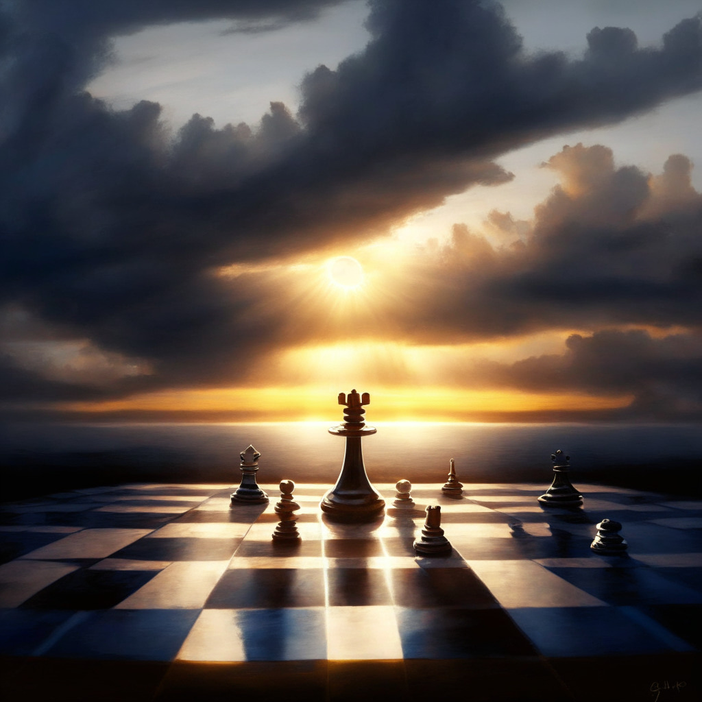 Early dawn illuminating a chessboard, strategically placed pieces representing ARK, 21Shares and BlackRock. A silver bullet 'surveillance agreement' takes centre stage. A brooding sky hints at SEC's concerns, while a subtly emerging sun symbolizes crypto's optimistic journey. Modern Impressionist style captures the simultaneous tension and promise.