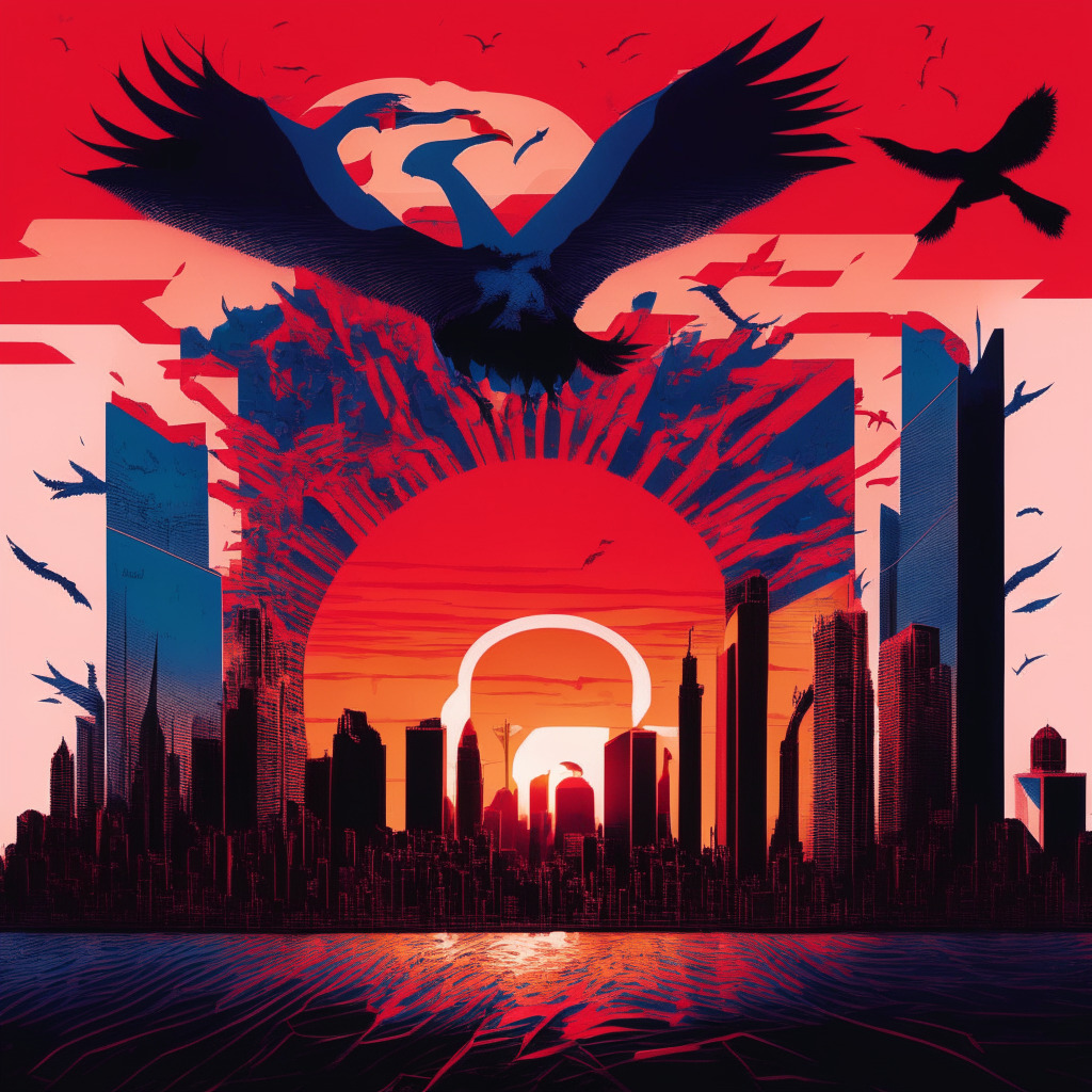 Sunset over a global cityscape: Hong Kong, Tokyo, Dubai, and New York, blockchain patterns in the sky, elegant chiaroscuro lighting, subdued red and blue palette, a bold phoenix ascending from a pile of legal documents, embodying resilience and adaptation, reflecting Animoca Brands' strategic shift amid SEC scrutiny, prevailing warmth and determination.