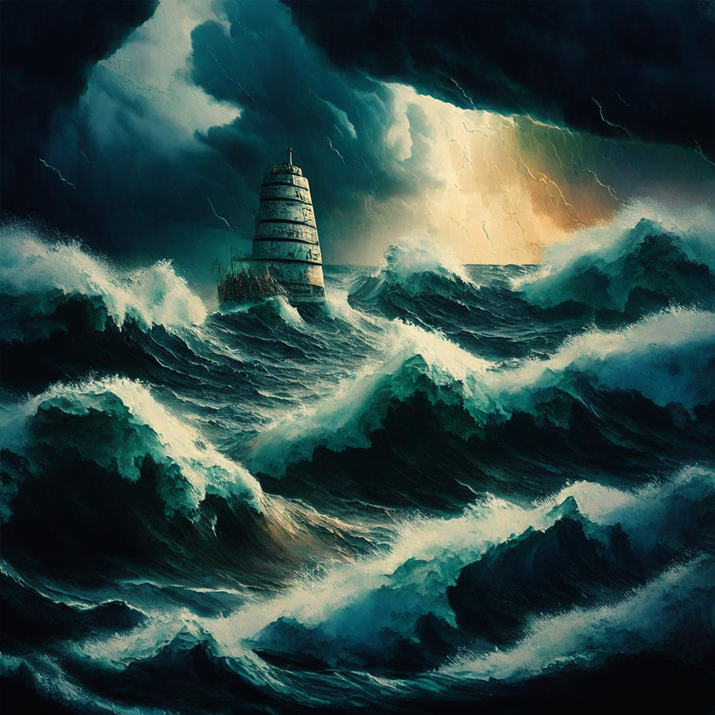Gloomy financial storm over ocean, turbulent waves, crypto coins caught in whirlpool, Binance ship struggling to navigate, imposing regulatory lighthouse in the distance, chiaroscuro lighting, contrasting colors, mood of uncertainty and resilience, an impressionistic approach, hint of hope on horizon.