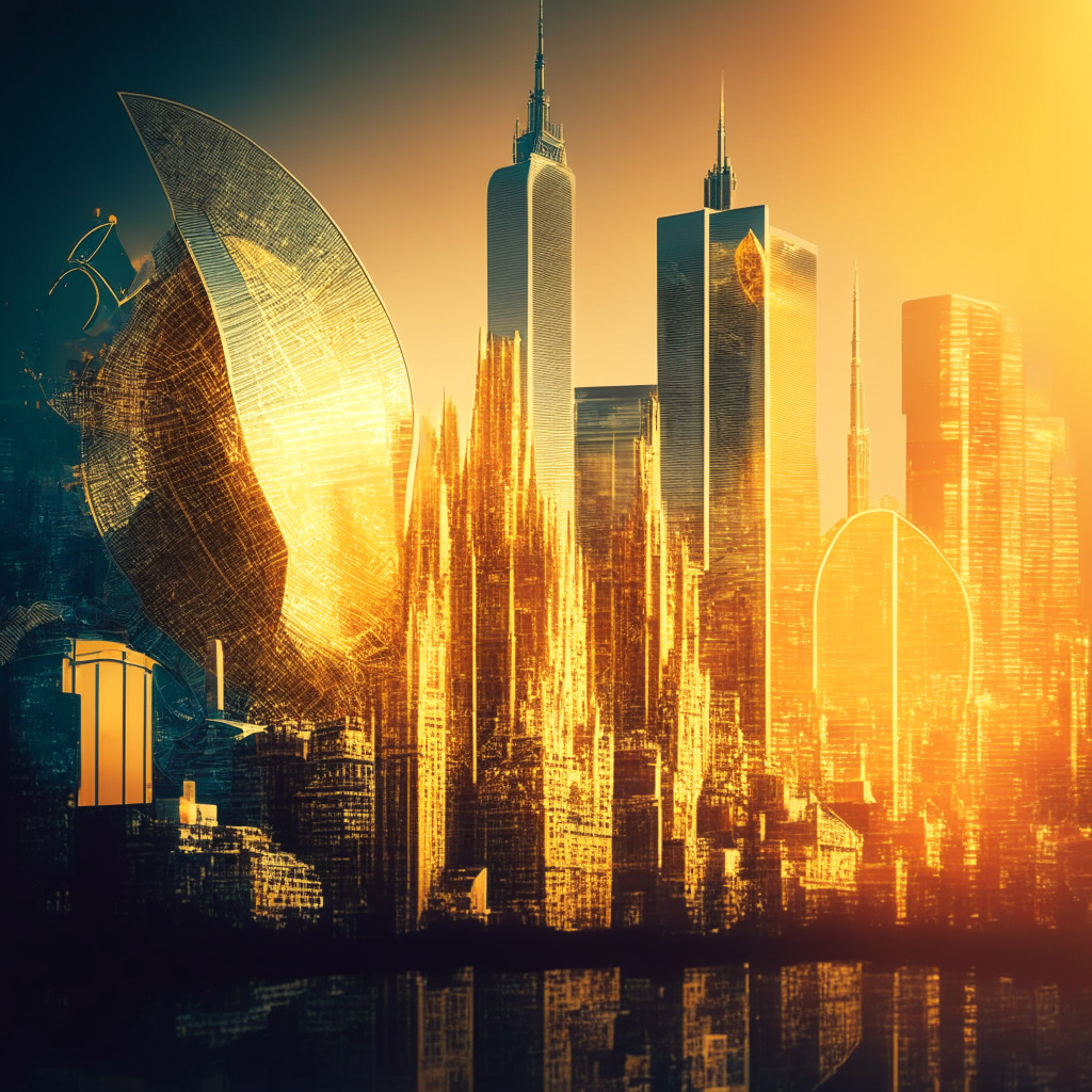 Intricate cityscape embodying the UK's financial landscape, futuristic crypto aesthetic, delicate balance between legitimacy and innovation, warm and cool color contrasts symbolizing privacy and oversight, subtle EU influence in the background, cautiously optimistic mood, soft golden lighting reflecting new regulations and progress.
