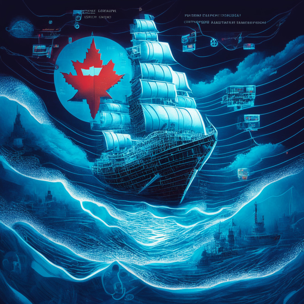 A vivid image depicting the symbolic journey of Canada navigating the complex world of blockchain regulation. Incorporate elements such as lawmakers studying maps and charts, crypto-assets represented as an untamed current in an ocean, and leading lights in the form of strategic measures pointing to safe harbors. Emphasize a blend of styles from classical nautical paintings with a touch of futuristic digital art. The lighting should be soft, knowledgeable, conveying a sense of introspection. The mood should be one of anticipation, bringing to life the feeling of a calculated voyage into the unknown unfolding.