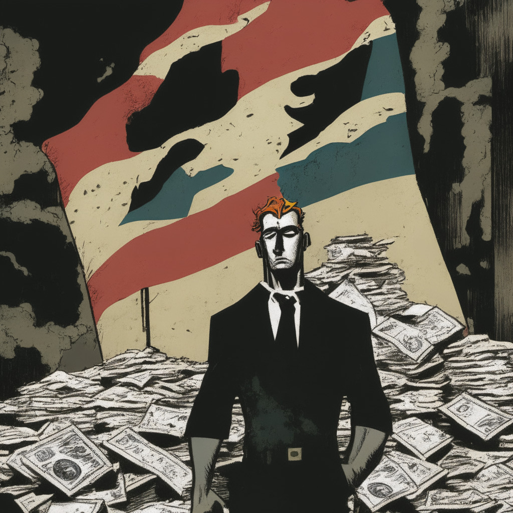 A sombre individual with backdrop of three disparate country flags symbolizing Greece, Lebanon, Cyprus, standing amidst hurricane of hyperinflation, decayed money notes and value depreciation. They're witnessing a phantom bank materializing from smokescreen of fragility, representing past crises, in noir comic book style. Adorned with a Federal Reserve lifebuoy among sinking US banks, contrasting a shining, modern crypto fortress on a hill illuminating the scene with hopeful golden light, projecting optimism amidst chaos.