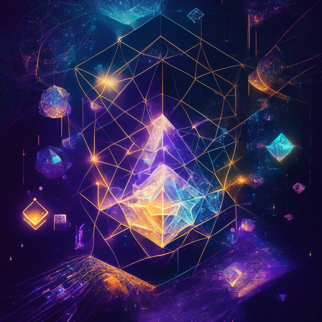 Ethereum-inspired cyberspace with diverse social media platforms, fragmentation yet innovation, warm artistic elements symbolizing experimentation, interconnected web of users navigating chaos, delicate balance between ease and customization, twilight glow reflecting opportunity and challenge, engrained mood of excitement and uncertainty.