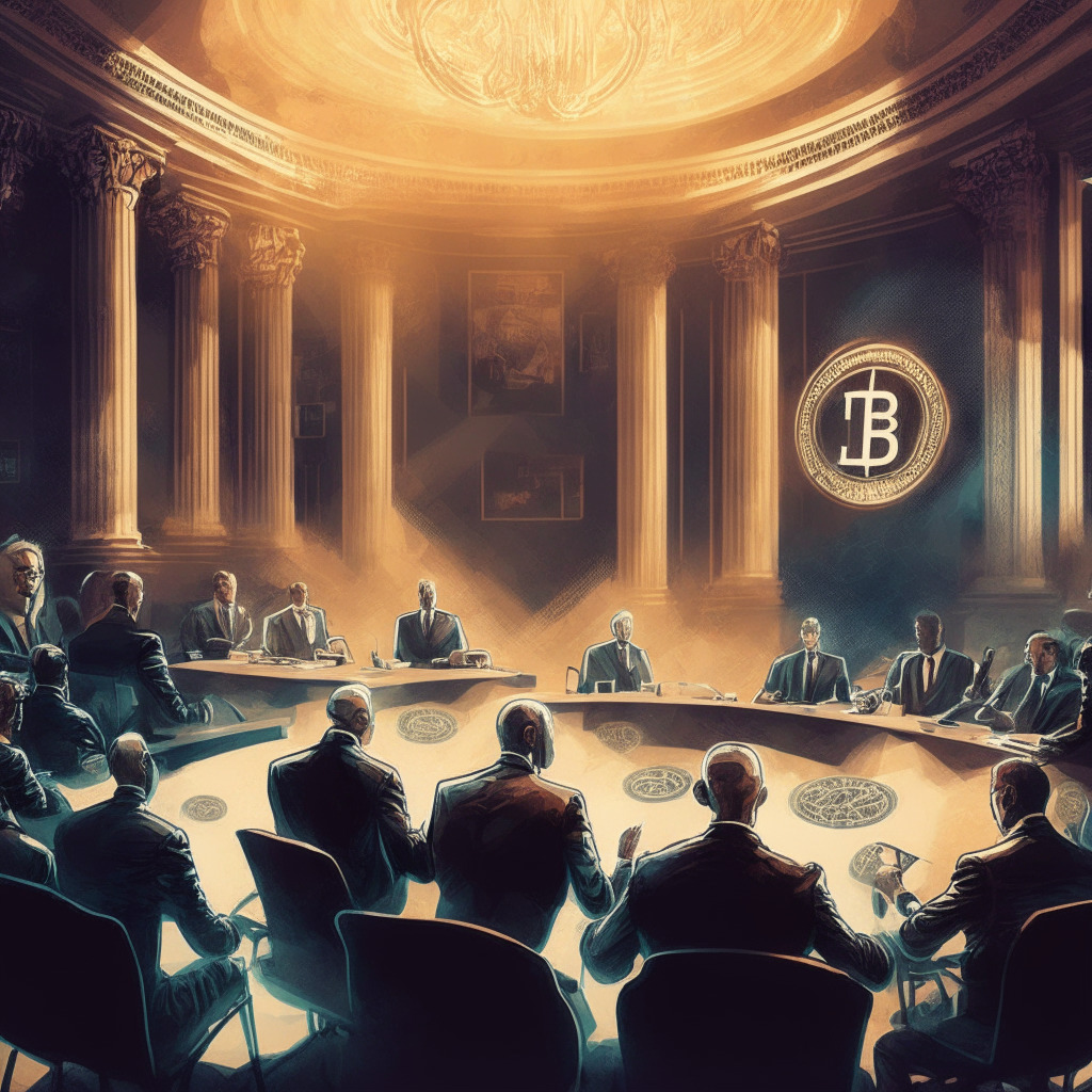 Intricate congressional hearing scene, blend of modern & classic artistic styles, participants in deep discussion, elegant lighting emphasizing mood of debate, CFTC Chairman & legal officers at forefront, background displaying Bitcoin & Ethereum symbols, tones of deliberation, learning, & optimism.