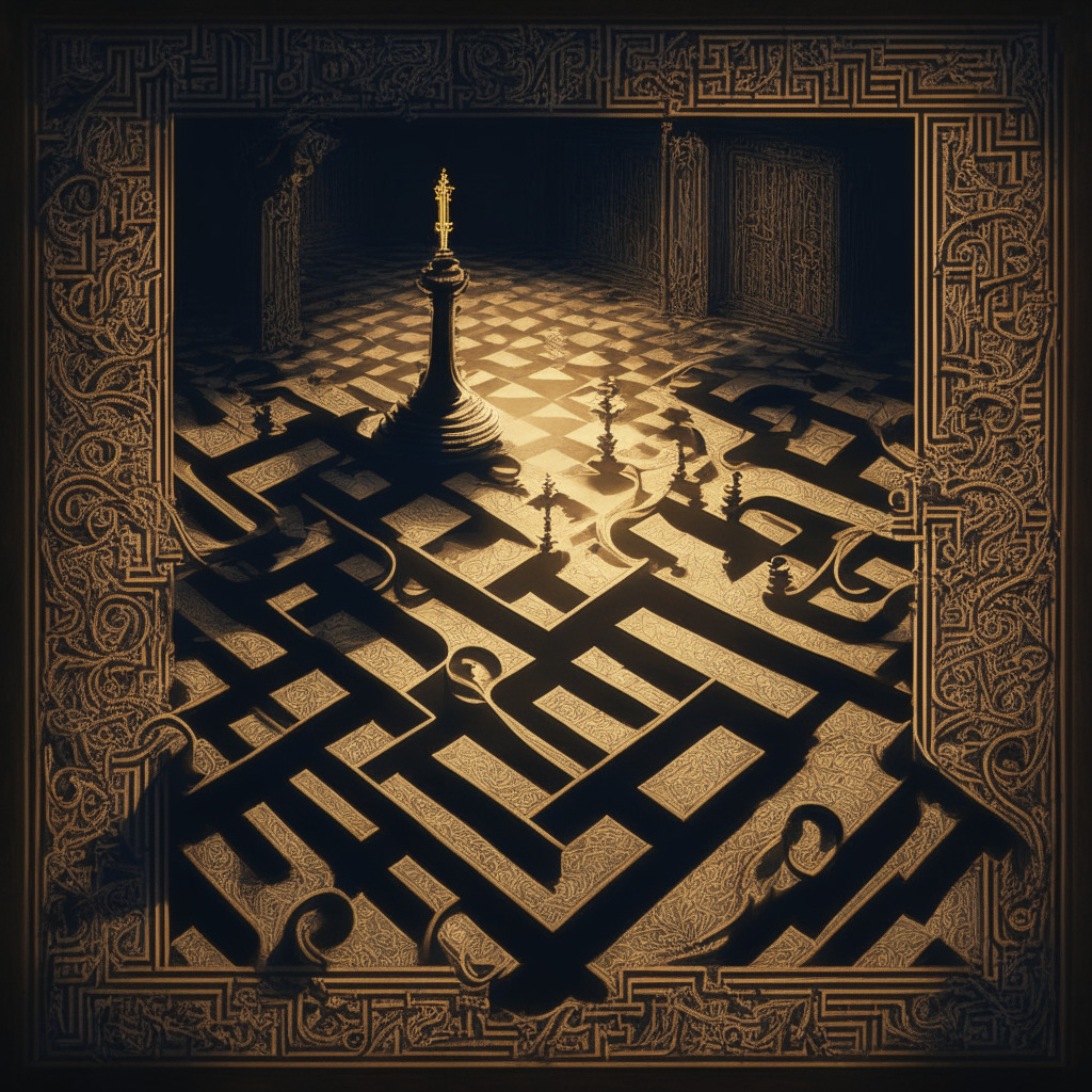 Crypto regulation maze, intricately designed vintage maze, deep shadows & warm light, Baroque artistic style, chessboard, pawns & knight representing 5-step plan, shadowy figure for Gary Gensler, pleasantly tense atmosphere, ethereal glow surrounding key to maze exit, sense of optimism & clarity. (349 characters)