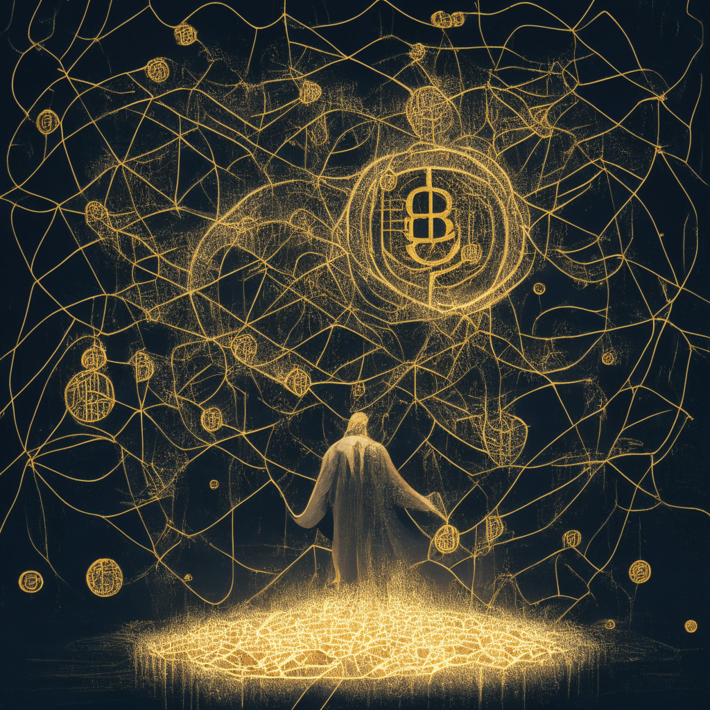 An abstract representation of a legal storm in the crypto world, centered around a figure symbolizing Daniel Friedberg. The image features a tangled web of blockchain nodes, representing complex legal charges and ethical dilemmas. Ethereal backlighting establishes an ominous mood, while a torrent of gold coins symbolizes the questionable financial transactions. In the far distance, a faint ray of hope symbolizes the potential relaunch and rebranding of the crypto exchange. The overall style should evoke a sense of tension, uncertainty and a hint of optimism.