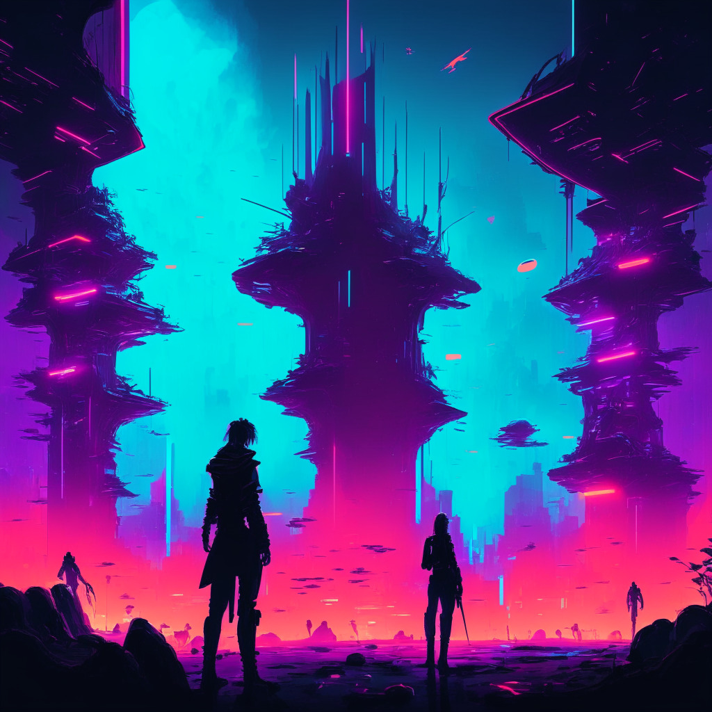 Futuristic digital landscape, bright neon lights illuminating the silhouettes of hybrid gamers immersed in GameFi world, blockchain elements subtly embedded within the environment. The atmosphere tinged with anticipation and uncertainty, figures holding Non-Fungible Tokens. Mood: Mystery and excitement. Art style: Cyberpunk.