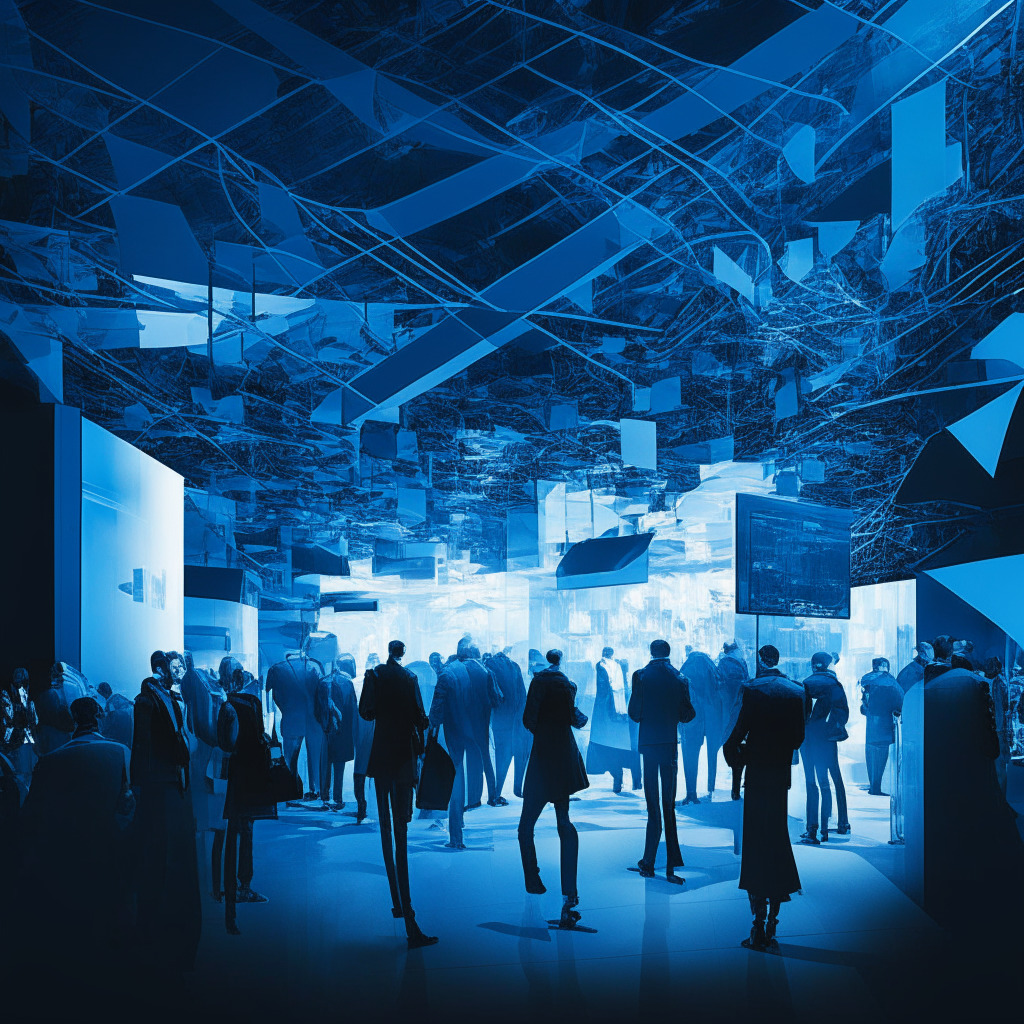 A digital marketplace bustling with activity, on one side a visually striking blue-chip NFT, denoting prestige and high value. The atmosphere tinted with shades of blue to reflect uncertainty, the background a tangle of complex pathways, symbolizing challenging navigation. High-contrast chiaroscuro lighting setting an air of determination.
