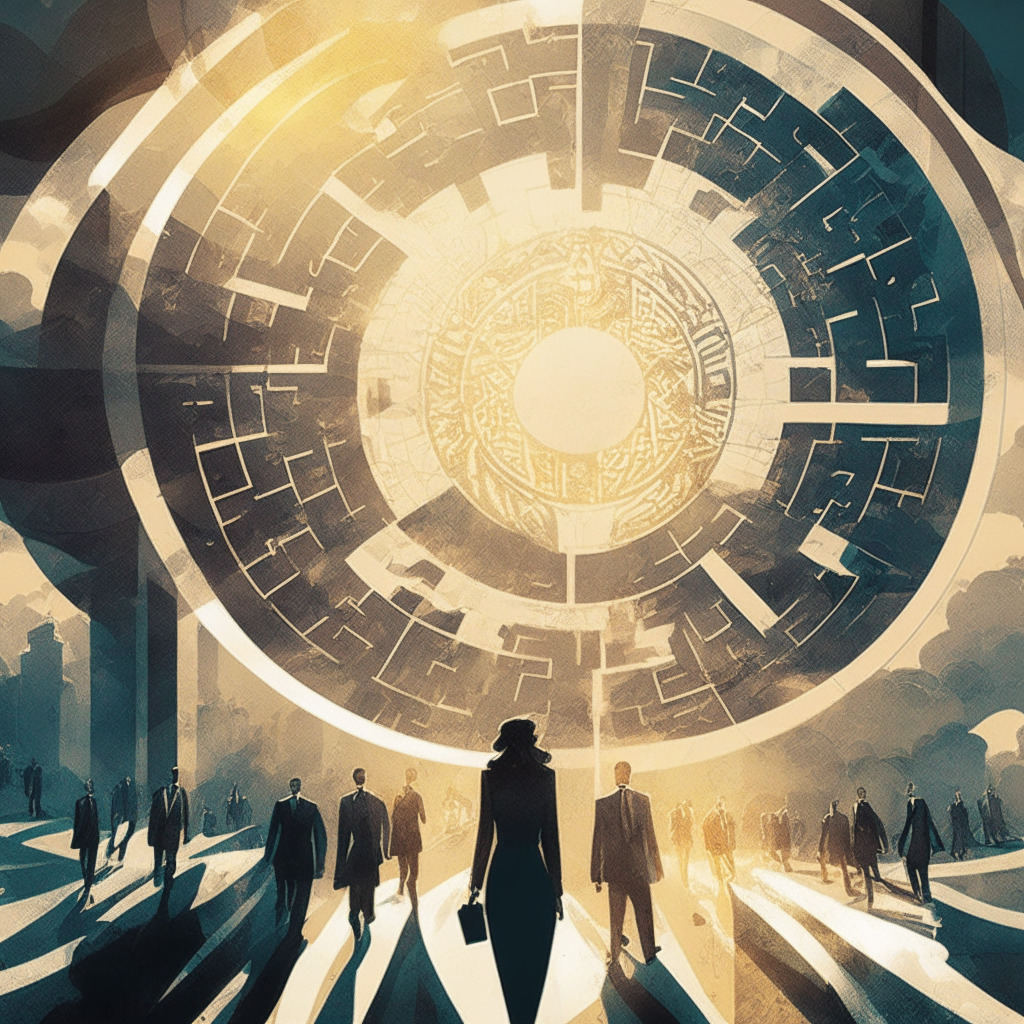 Intricate financial scene, Circle's USDC stablecoin, IPO journey amidst regulatory challenges, sunrays penetrating through clouds - symbolizing hope, muted colors, an elegant maze-like path, businessmen and businesswomen crossing the path, determined facial expressions, an imposing SEC building in the background, modern-artistic style, contrast between light and shadow.