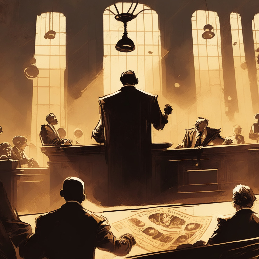 Cryptocurrency exchange dilemma: surreal courtroom scene, contrasting light and shadow, SEC and crypto platforms members in heated debate, puzzled judge, tokens floating in the air, impressionist style, sepia-toned for a tense, ambiguous atmosphere. (347 characters)
