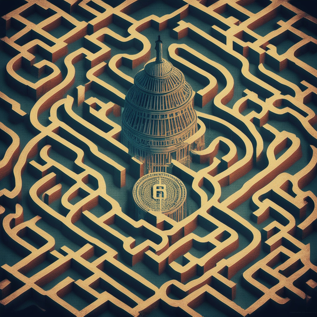 Intricate crypto labyrinth, SEC crackdown, uncertain regulatory landscape, desaturated color scheme, chiaroscuro lighting, tense atmosphere, House Agriculture Committee hearing, staking rewards program, balance between innovation and compliance, hint of courtroom drama, American flag subtly incorporated.