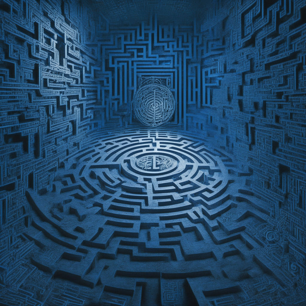 A dimly lit labyrinth in shades of metallic silver and blue, an elaborate metaphor for the complex regulatory landscape of cryptocurrencies. The maze walls are adorned with crypto symbols subtly emerging from shadows. High above, a luminous full moon casting a muted glow illuminates the struggle of navigation. The artwork conveys an aura of suspense and uncertainty, yet a touch of defiance and inextinguishable hope.