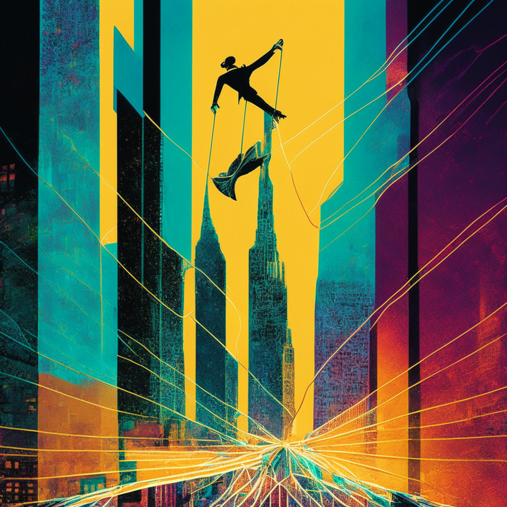 Tightrope walker balancing between innovation & regulation over cityscape, cryptocurrencies glittering below, an SEC magnifying glass looms, contrasting colors represent tension, chiaroscuro light reflects uncertainty, warm tones for potential growth, cool hues for restrictions, dynamic composition capturing struggle for balance, 350 characters.