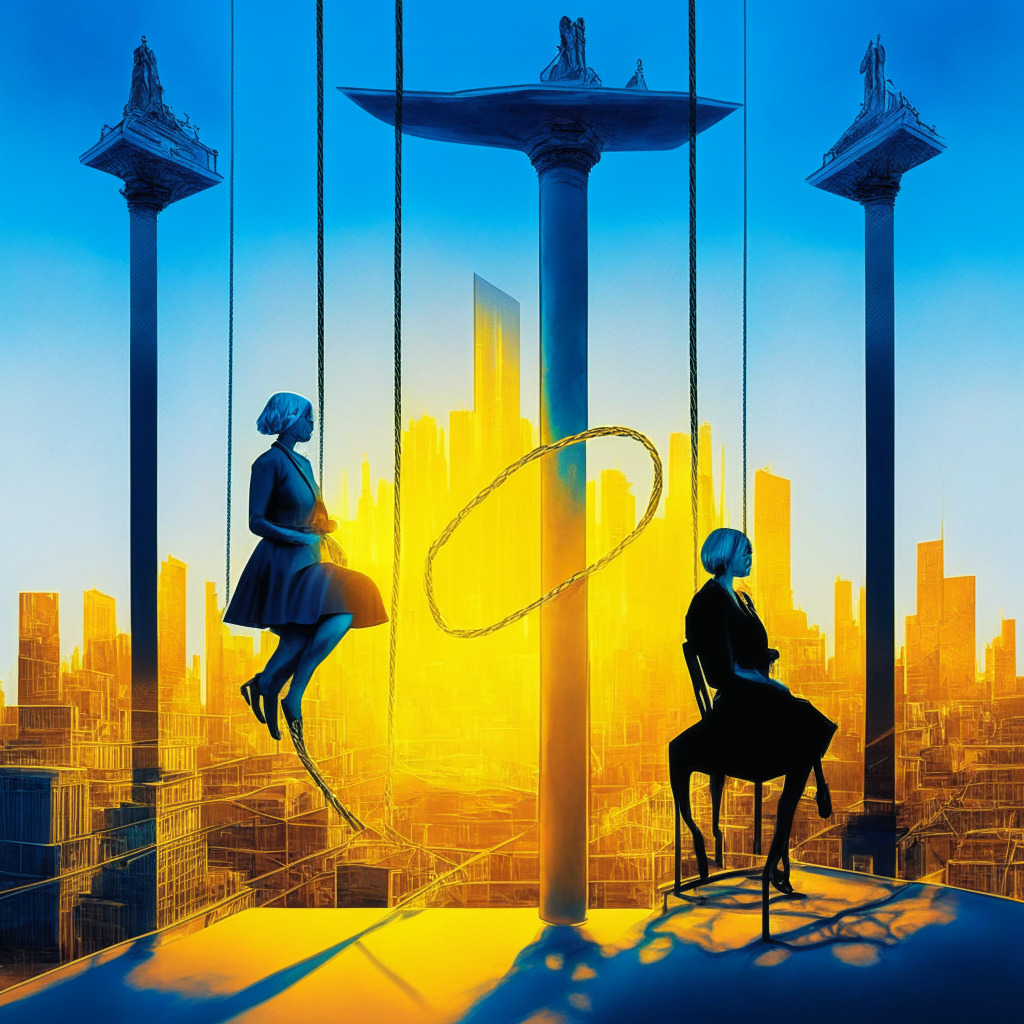 Intricate legislative tightrope, SEC Chair Gensler & Treasury Secretary Yellen offering insights, balancing scales of justice, futuristic cityscape representing crypto industry, warm golden light symbolizing innovation, contrasting cool blue shadows for regulation, atmosphere of anticipation & hope.