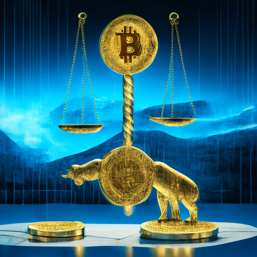 A balanced scale floating high above a metallic tightrope, Slovakia’s national symbol, the Double Cross, etched on one side. One end bearing golden bitcoins glowing brightly, while the other bears a set of documents, representing legislation. The backdrop is a digital grid-like landscape, illuminated by a soft yet radiant light, bathed in hues of blue highlighting the techno-centric world of cryptocurrency. In the sky, a low sun casts long, dramatic shadows, conveying dilemma, tension, and the delicate balance of the crypto-regulation. Everything is rendered in a hyperrealistic style, capturing a moment of crucial transformation. The mood is one of optimistic uncertainty, a pivotal moment in the story of digital currencies.