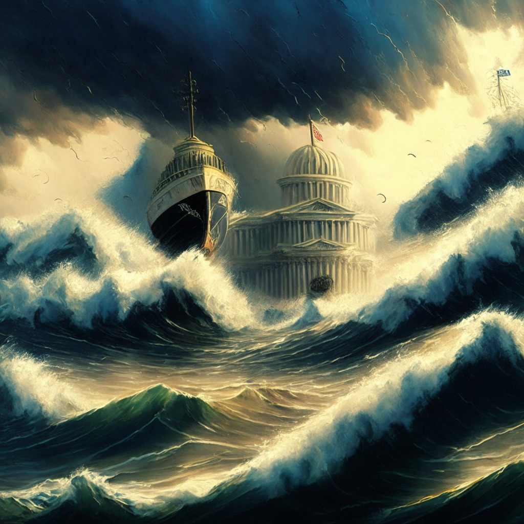Turbulent sea, stormy sky, two boats representing SEC and CFTC, congressional building in distance, crypto coins floating on waves, blend of impressionism and realism, soft golden light, dichotomy of chaos and unity, mood of uncertainty and hope.