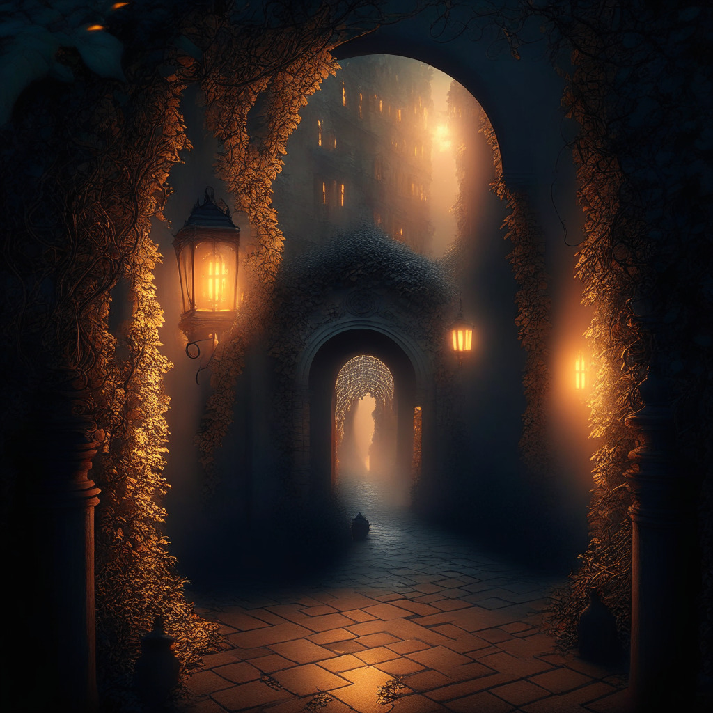 Mysterious maze, misty atmosphere, sunset glow, Baroque architectural style, soft shadows, glowing lanterns, cobblestone path, ivy-covered walls, enigmatic mood, anticipation, surrealism, chiaroscuro lighting, sense of discovery, serene. Intricate scene representing the essence of navigating through the unknown.