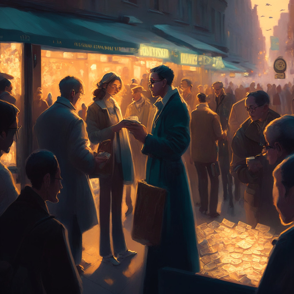 A bustling city street at dusk, painted in impressionist style, people exchanging various forms of currency: cash, diamonds, and a holographic crypto wallet, neutral facial expressions, soft shadows cast, a blend of warm and cool colors, reflective surfaces, muted ambient lighting, a balanced atmosphere conveying neutrality of technologies and value exchanges.
