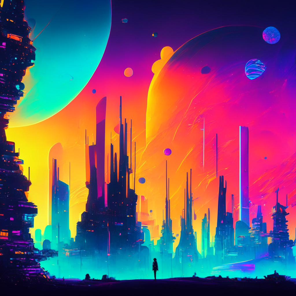 Futuristic DeFi scene with vibrant colors, Cosmos ecosystem as a thriving cityscape, Neutron as a key building, interconnected networks, silhouette of federal regulators looming in the background, soft glowing light, contrasting shadows, dynamic composition, sense of innovation and uncertainty, balancing optimism with caution in the atmosphere.