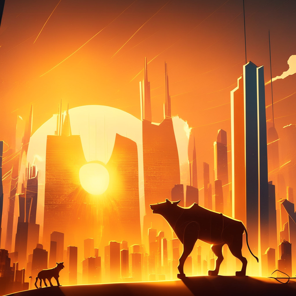 Sunrise over futuristic city skyline, roller coaster-like bull and bear market, contrasting warm & cool light casting shadows on skyscrapers, reflecting uncertain crypto environment, Ripple Labs vs SEC dominating clouds, diverse cryptocurrencies depicted as constellations, hint of optimism in golden hues.