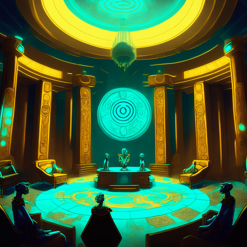 Ethereum-based ApeCoin amidst governance transitions, newly elected council members, Waabam and CaptainTrippy in a lavishly decorated virtual council chamber, Cryptorealistic style ,a blend of matte and glowing textures, vibrant turquoise and golden hues, backlit with a soft glow evoking a sense of optimism, resilience and subtle tension. Interplay of shadows to suggest the evolving nature of roles.