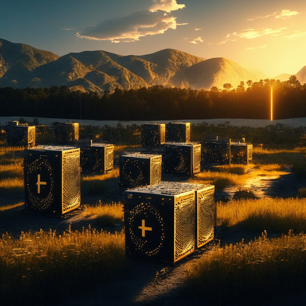 A modern Bitcoin mining facility, Antminer S19 XP units in action, golden light illuminating powerful machines, an artistic representation of strong network hash rate, highlights of resilience and expansion, serene Georgia landscape in the background, a mood of optimism and determination.