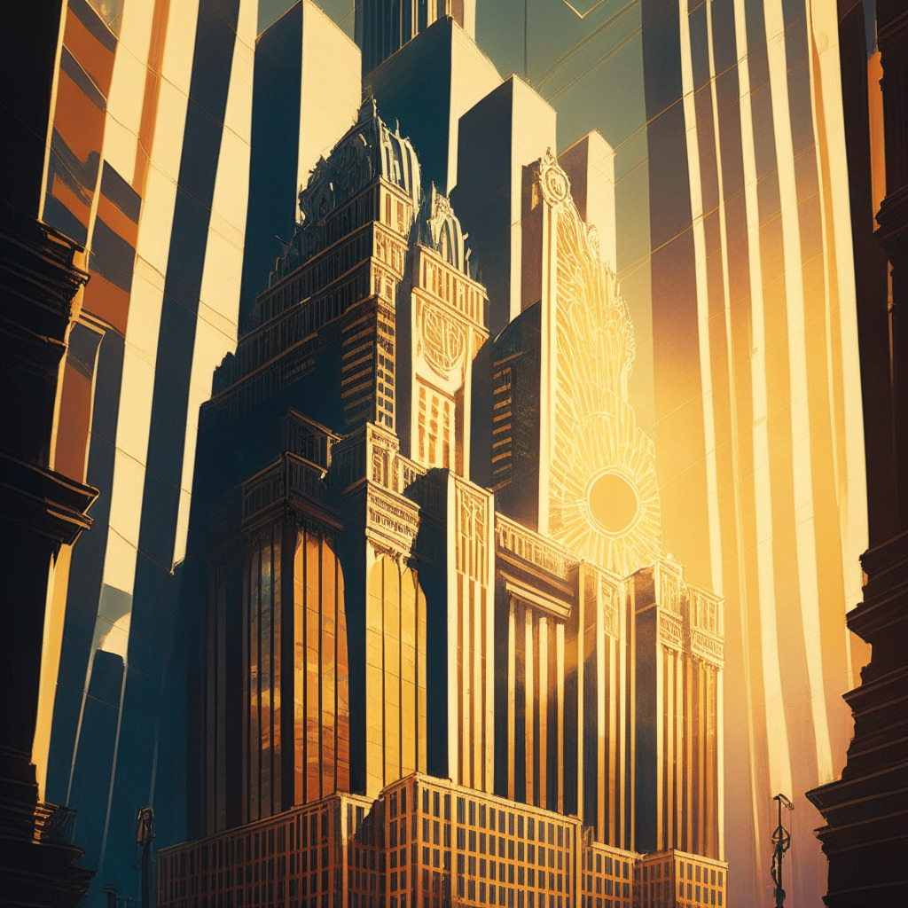 Intricate cityscape reflecting financial market complexity, a prominent SEC building oversees SBS entities and cryptocurrencies, Art Deco painting style, golden hour sunlight casting long shadows, a fusion of stability and constant change, optimistic yet cautious mood evoking market confidence and awareness.