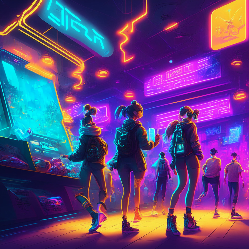 Futuristic gaming scene, vibrant virtual marketplace, glowing neon lights, energetic atmosphere, dynamic characters showcasing digital NFT sneakers, diverse virtual accessories, interconnected gaming world, prominent in-game integration, artistic blockchain-inspired elements, golden web3 accents, empowering mood, hint of mystery, celebration of innovative partnership.