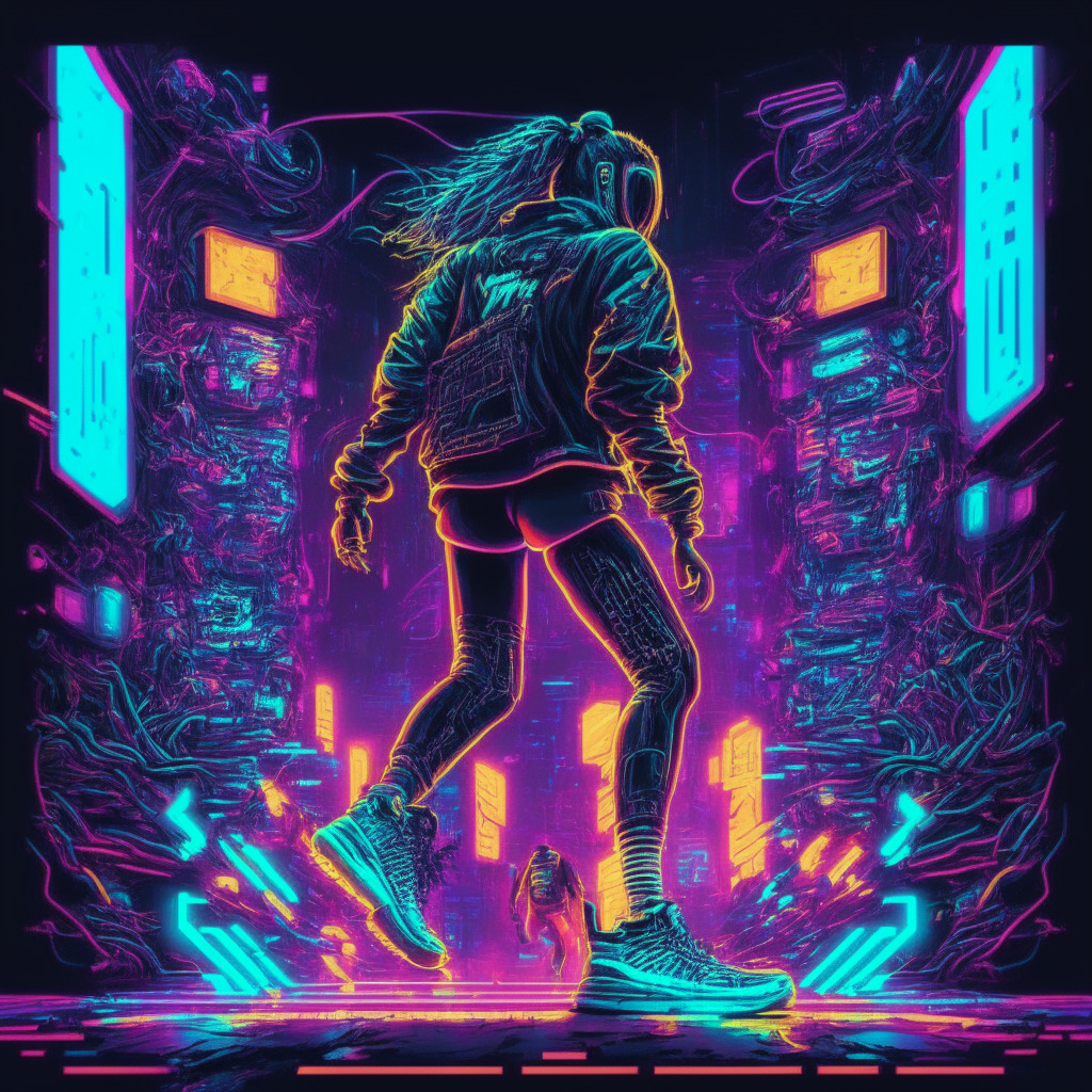 Intricate virtual game scene, sportswear meets crypto, glowing neon lights, attention-grabbing digital sneakers and apparel, energetic and dynamic atmosphere, pixelated art style, contrasting cyberpunk-esque tones, balanced blend of excitement and caution, thought-provoking mood.