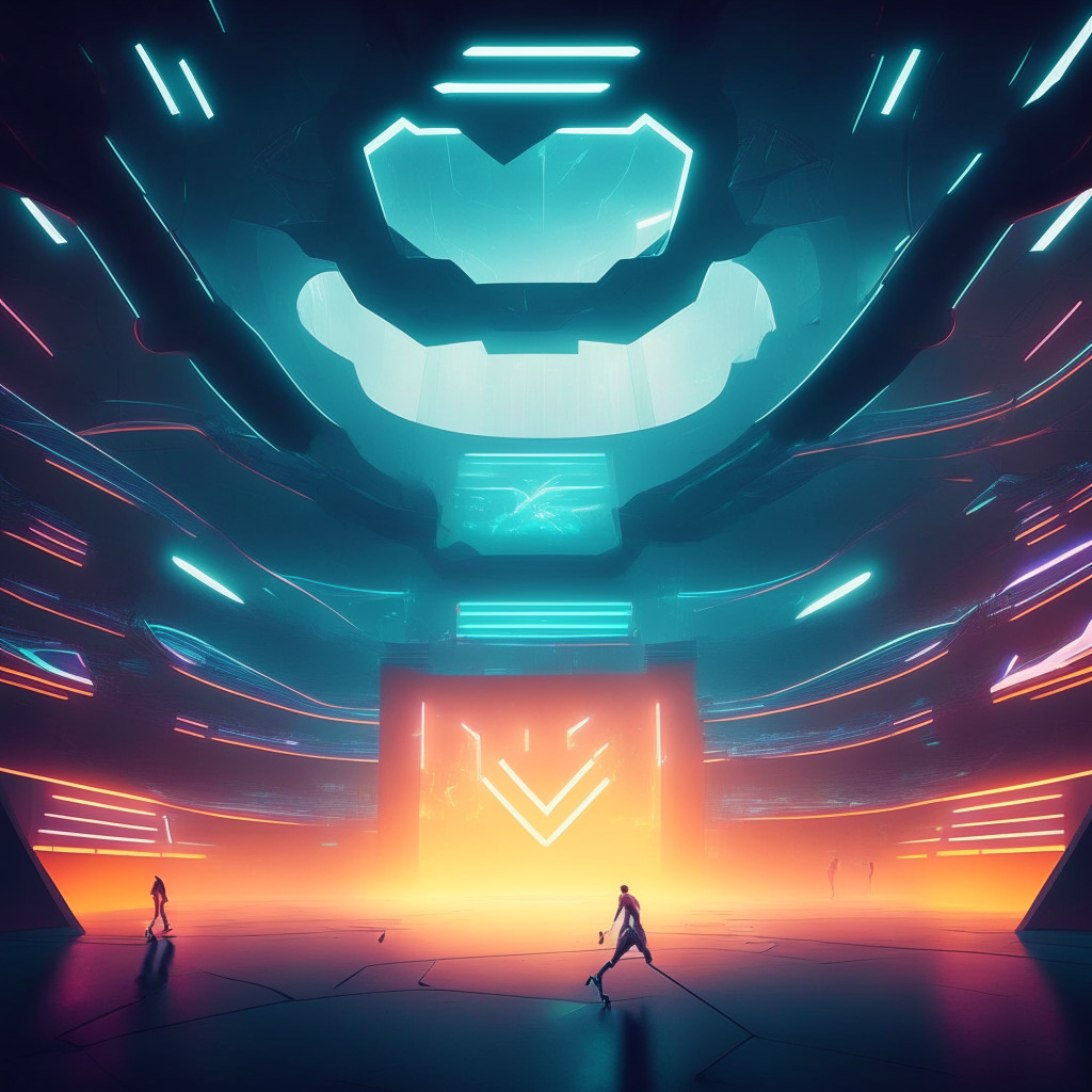 Glowing futuristic arena, spirited gamers, vibrant NFT tokens, EA Sports interface, Web3 technology, dynamic Nike virtual studios backdrop, hazy light setting, immersive mood, abstract artistic style, blend of gaming & blockchain, juxtaposition of innovation & skepticism.