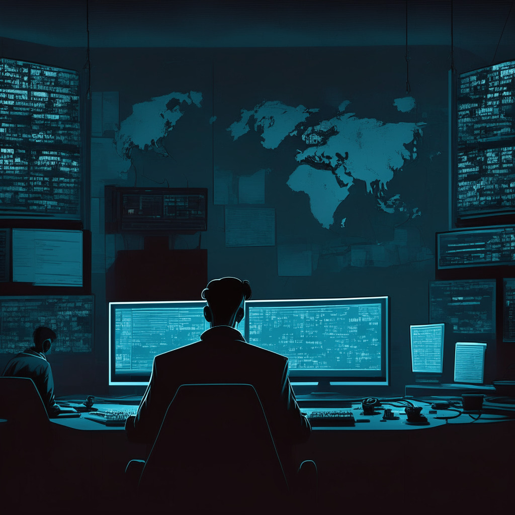 Cybercrime scene illustrating North Korea targeting South Korea, dimly lit atmosphere, a hacker's lair with computer screens, dark moody colors, phishing site disguised as news outlet, digital representation of cryptocurrency wallets, eerie mystique, hint of political motives amidst cyber theft.