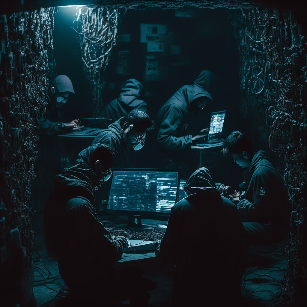 Cyber heist in dimly lit underground lair, North Korean hackers with sinister expressions, exposed crypto wallet vulnerabilities, contrasting sharp light on troubled users losing digital coins, brooding atmosphere, hackers funneling stolen assets through a shadowy mixer, Suspect traces connecting to previous hacks, pulsating urgency, mood of caution & focus on improving crypto security.