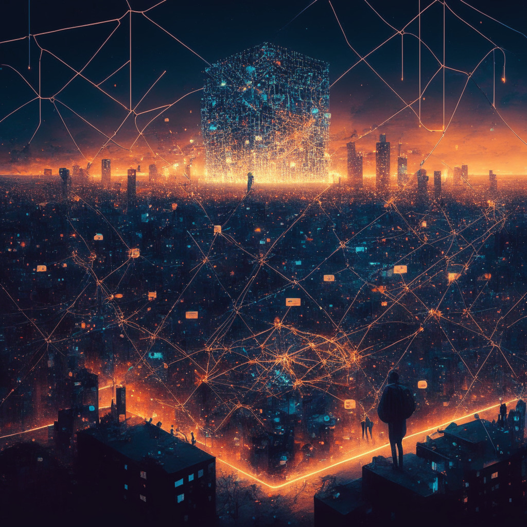 Intricate blockchain network, Twitter alternative merging with gaming platform, glowing connections, financial independence, moody dusk sky, radiant decentralized cityscape, people exchanging tiny fragments as support, subtle Renaissance influence, empowering digital freedom, celebratory atmosphere.