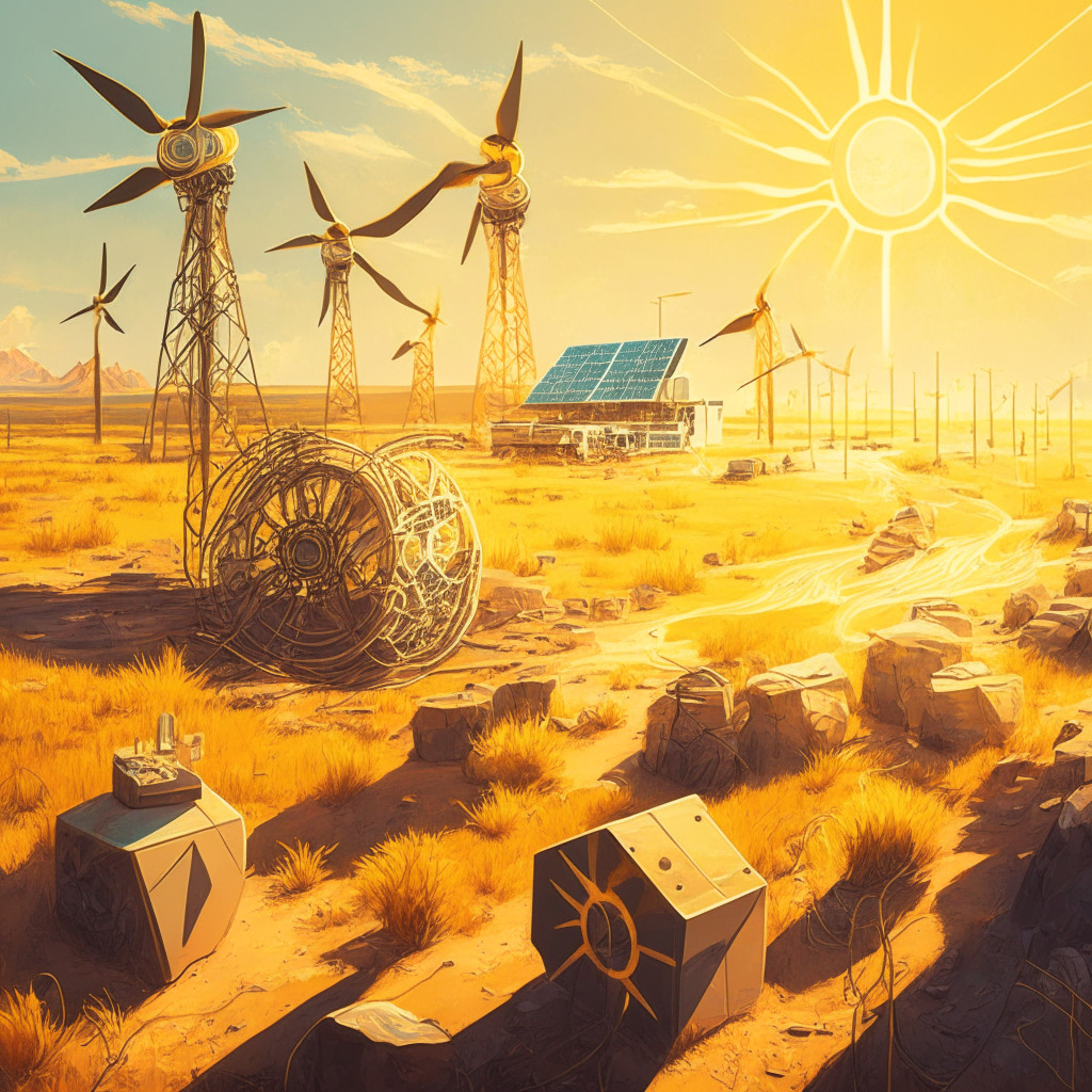 Cryptocurrency mining scene with off-grid energy sources, Texan landscape, swirling artistic style, natural gas-powered mining equipment, subtle golden sunlight, a blend of innovation and contradiction, a delicate balance between sustainability and resource dependency, hope and concern for future energy demands.