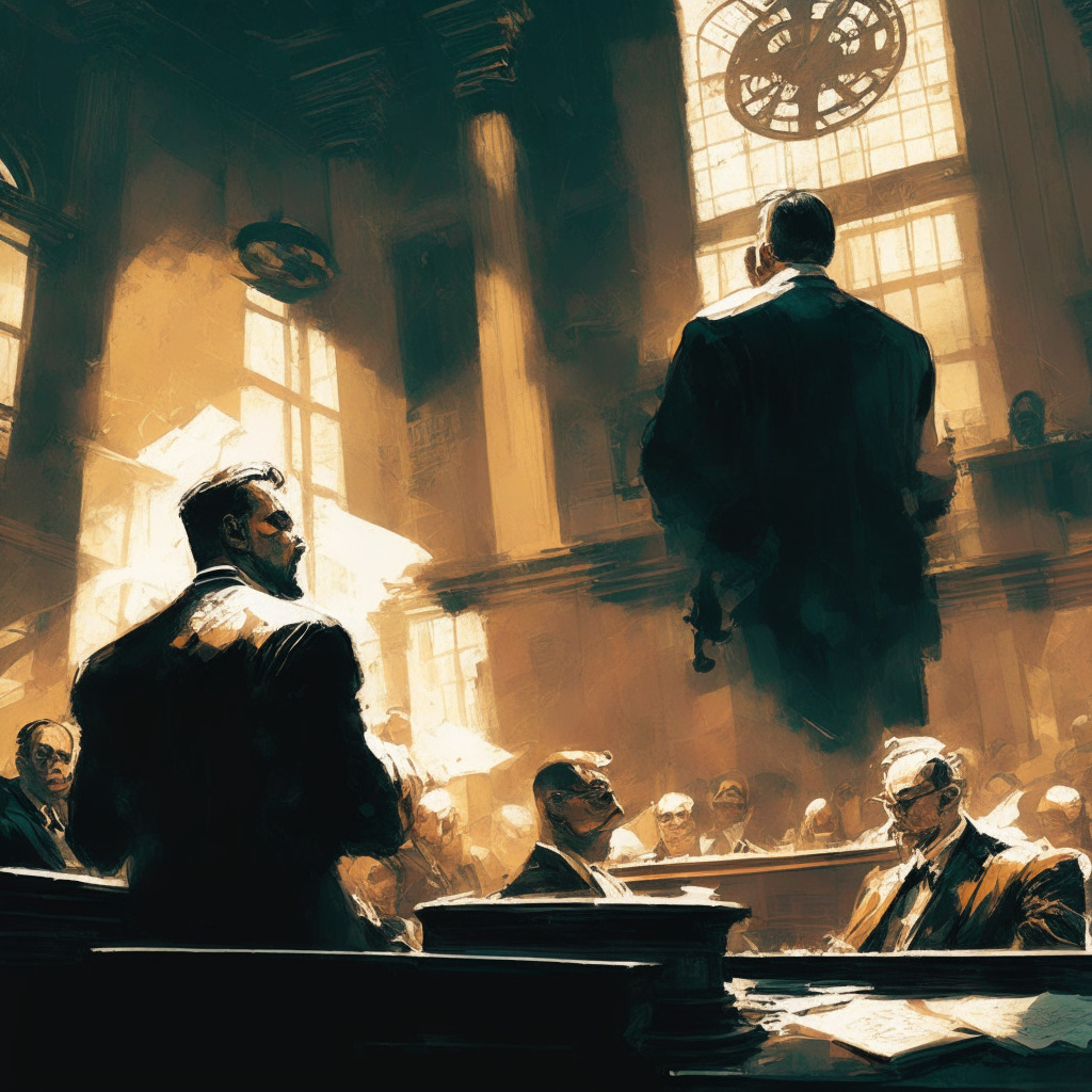Intricate courtroom scene, contrasting light and shadows, on-chain detective and NFT trader in a heated debate, ethereal NFT artworks and crypto coins floating in the air, chaotic yet expressive brushstrokes, somber atmosphere, emphasizing the struggle between free speech, transparency, and reputation within the crypto world.