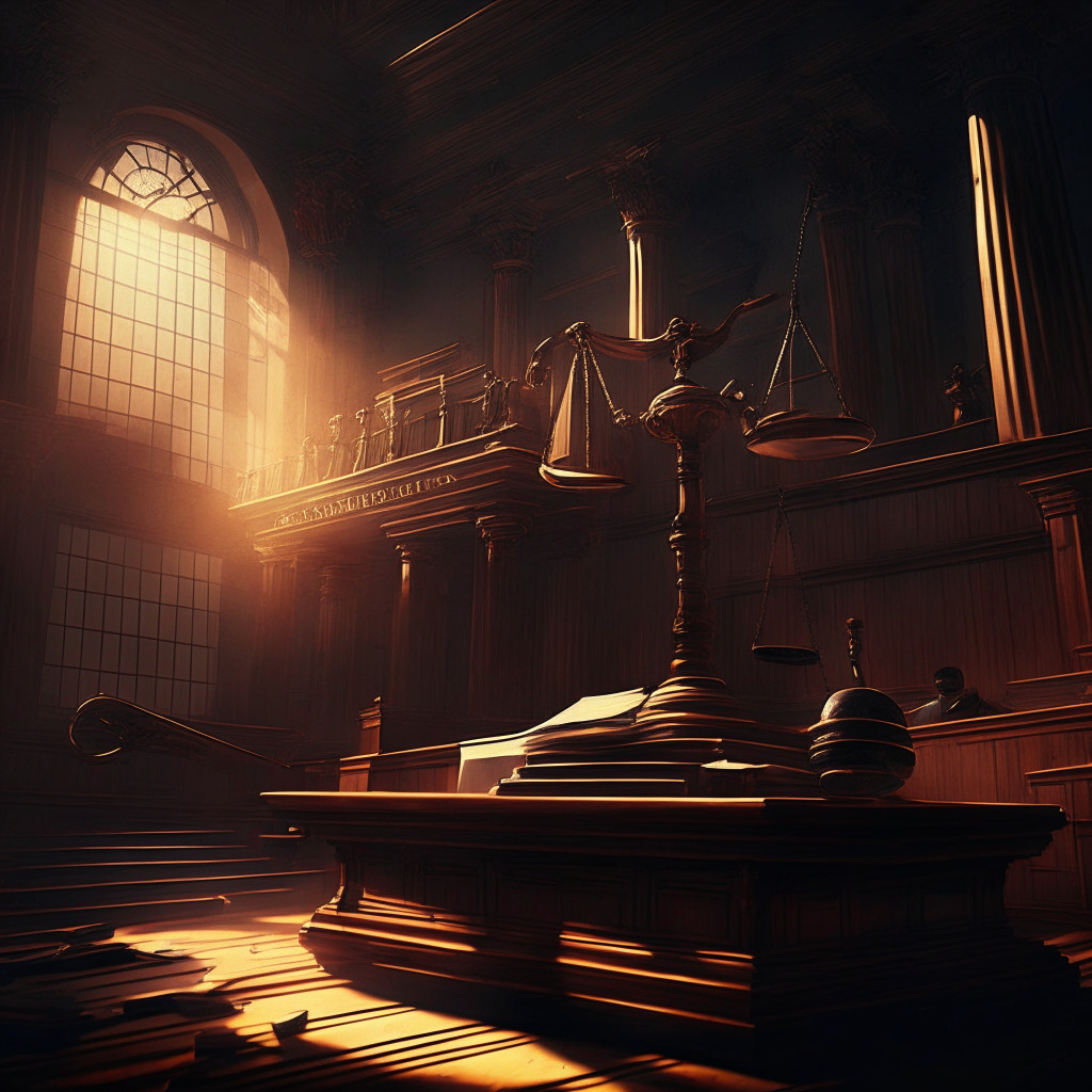 Sunset courtroom scene, judge's gavel striking, crumbling DAO structure, weighted scale balancing innovation & regulation, muted earthy tones, chiaroscuro lighting, somber atmosphere, intricate baroque style, hint of disruption, underlying tension. (350 characters)
