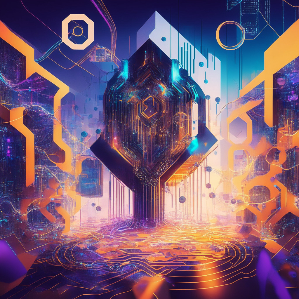 Futuristic digital landscape with opBNB testnet at its core, vibrant circuitry and data streams, transaction speed and scalability emphasized, light beams symbolizing 4,000 tps, sleek optimized Ethereum machine components, artistic blend of intricate geometric patterns, cool and warm hues representing harmony between different blockchains, serene and progressive mood, a sense of promising innovation.