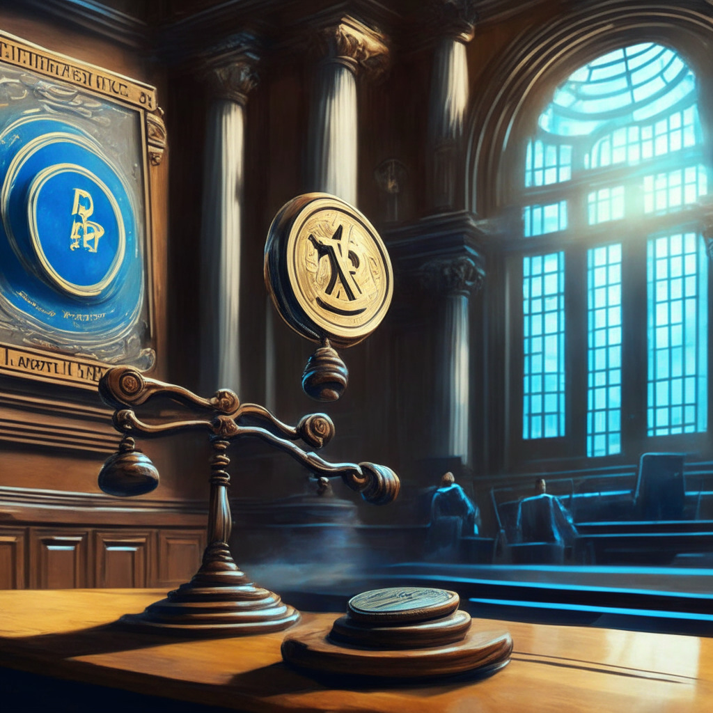 Gavel and ripple coin in balance, bright courtroom, impressionist style, calming atmosphere, soft light through tall windows, SEC vs Ripple, pivotal July moments, potential XRP price surge, regulatory clarity, optimism in the air, no logos/brands, 350 characters max.