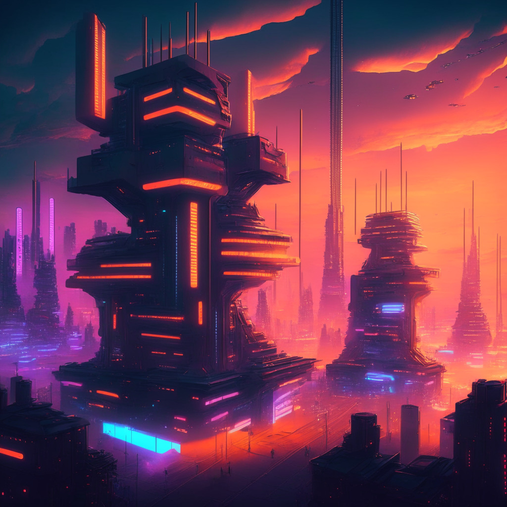 Futuristic city powered by blockchain, glowing energy flow, low gas fee signs, interconnected modular structures, diverse digital platforms coexisting, dusk sky with warm hues, optimistic mood, subtle competition, sense of progress and collaboration.