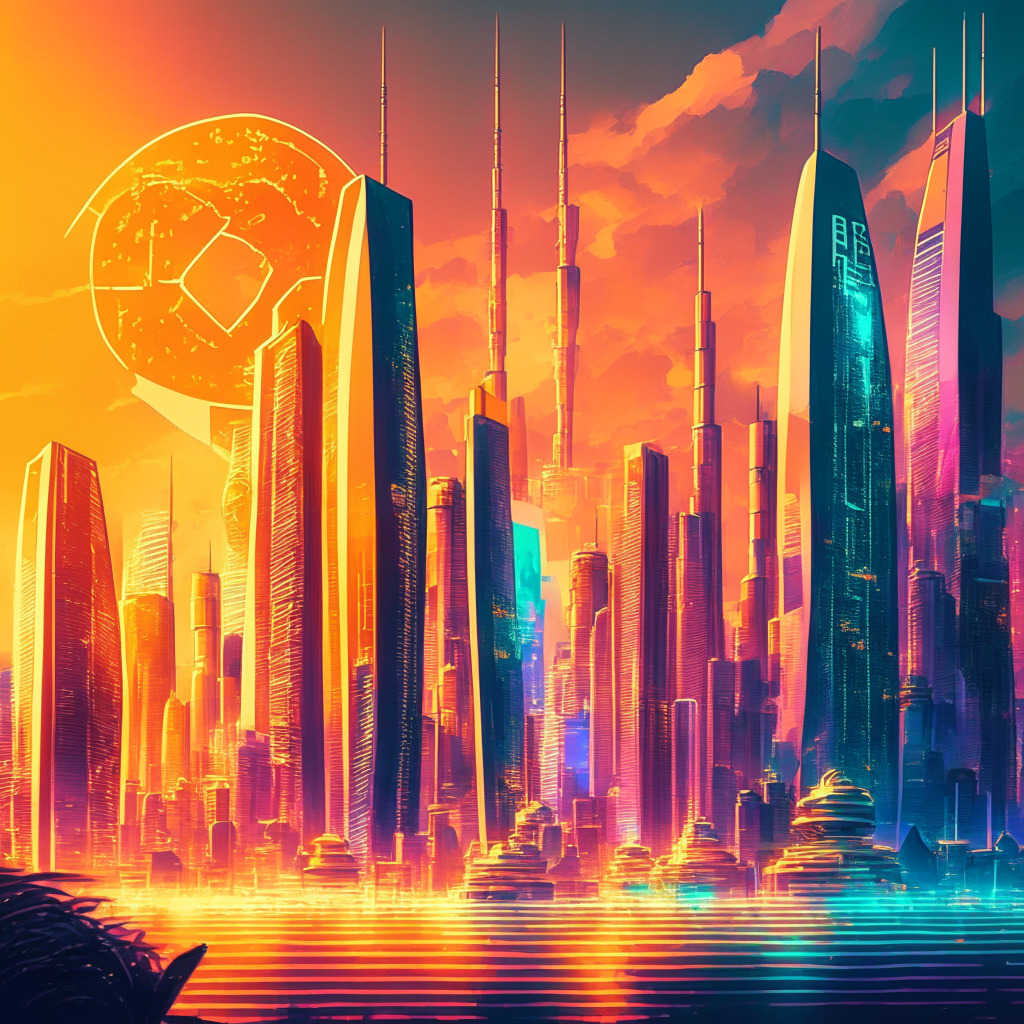 Futuristic financial skyline, Bitcoin ETFs thriving, well-regulated custody infrastructure, market surveillance, warm golden hour glow, optimistic and secure atmosphere, trailblazing Singapore and Hong Kong skylines, stablecoins, vivid contrasting colors, blend of futuristic and traditional architecture, celebrating a maturing crypto market.